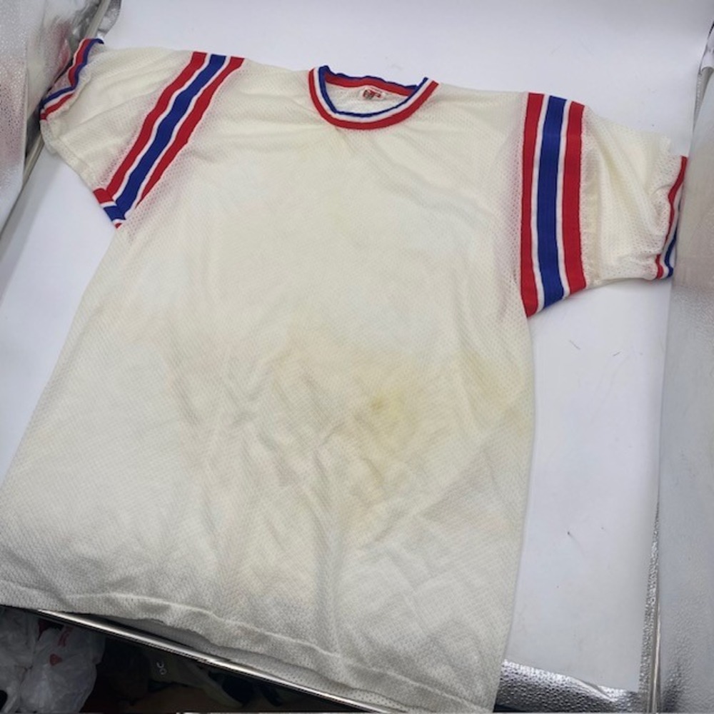 USA Mason Vintage 70s Mesh Athletic Jersey Mens L White Red Blue Striped Retro